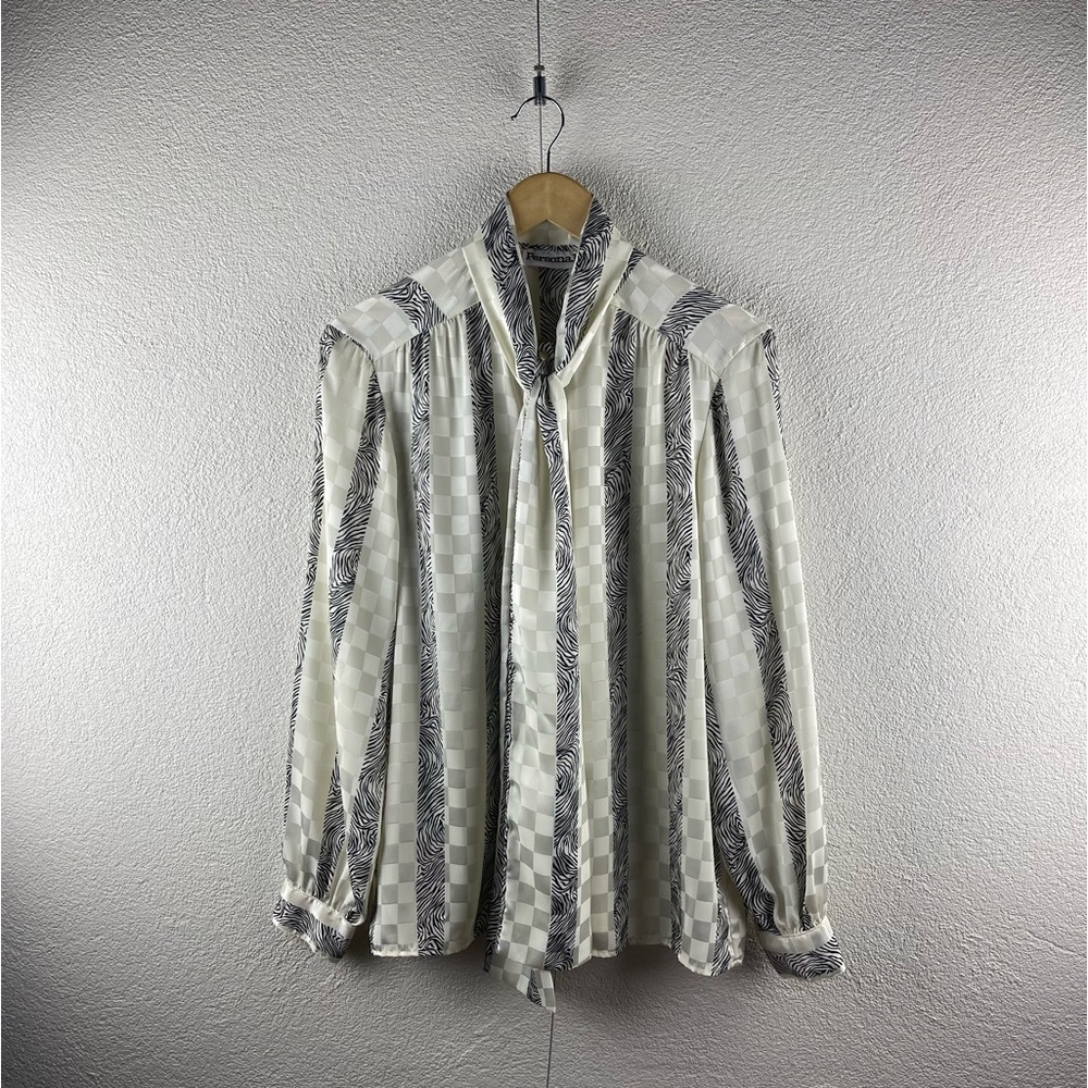 Vintage l 80s L Silky Ivory Zebra Stripe Check Long Sleeve Ascot Neck Bow Blouse